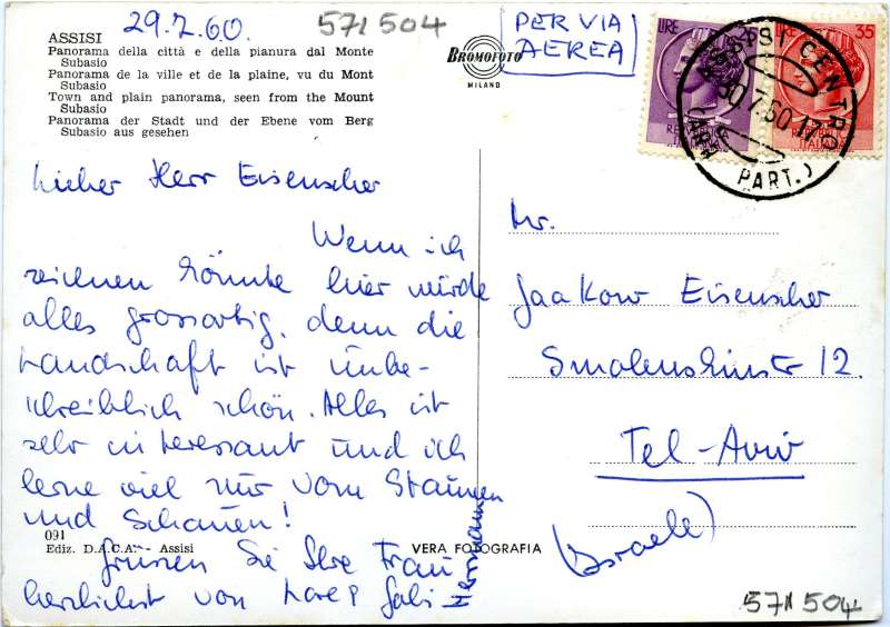 Postcard to Mr. Jaakow Eisenscher from Sali Herman(?)